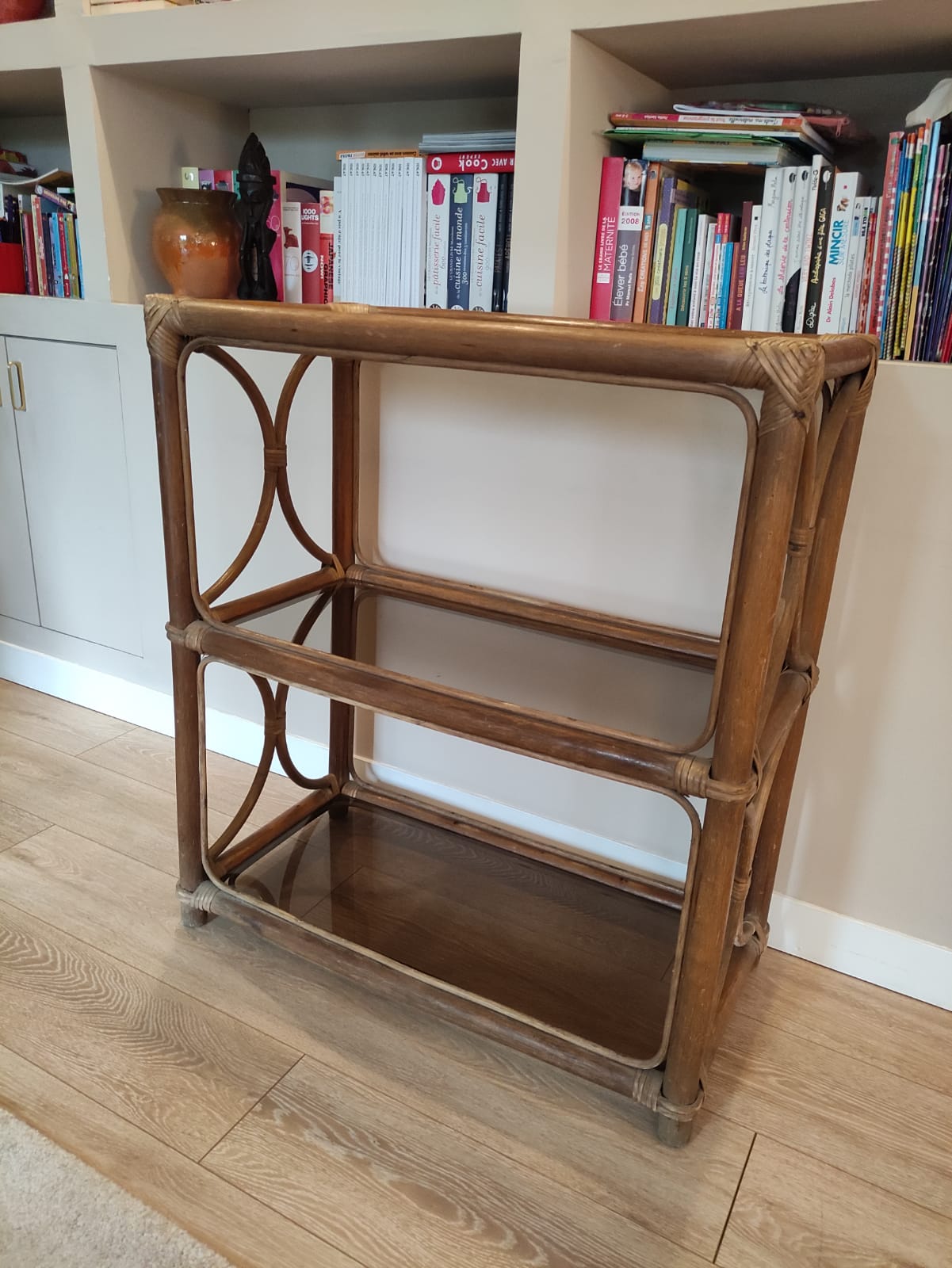 Rattan bookcase shelf and vintage smoked glass