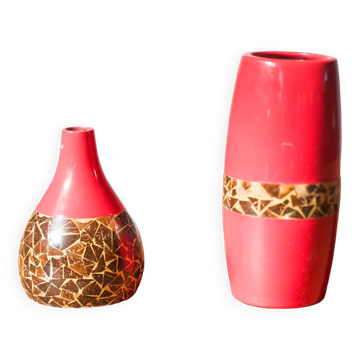 Pair of 1970s-80s Terracotta Vases with Inlaid Mosaic