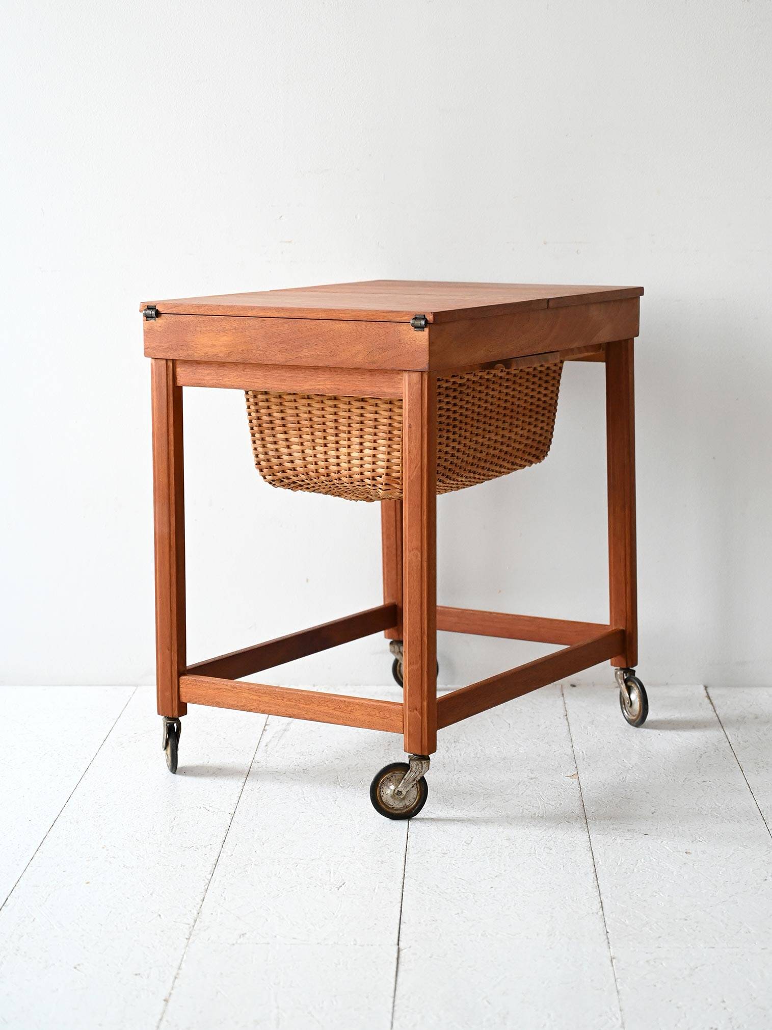 Vintage Scandinavian Sewing Table with Wheels and Basket