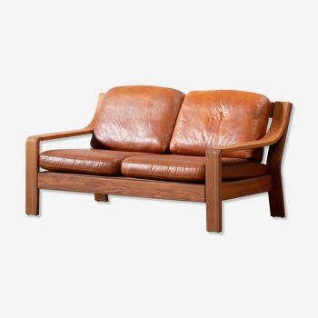 Canapé scandinave en cuir et teck 1960