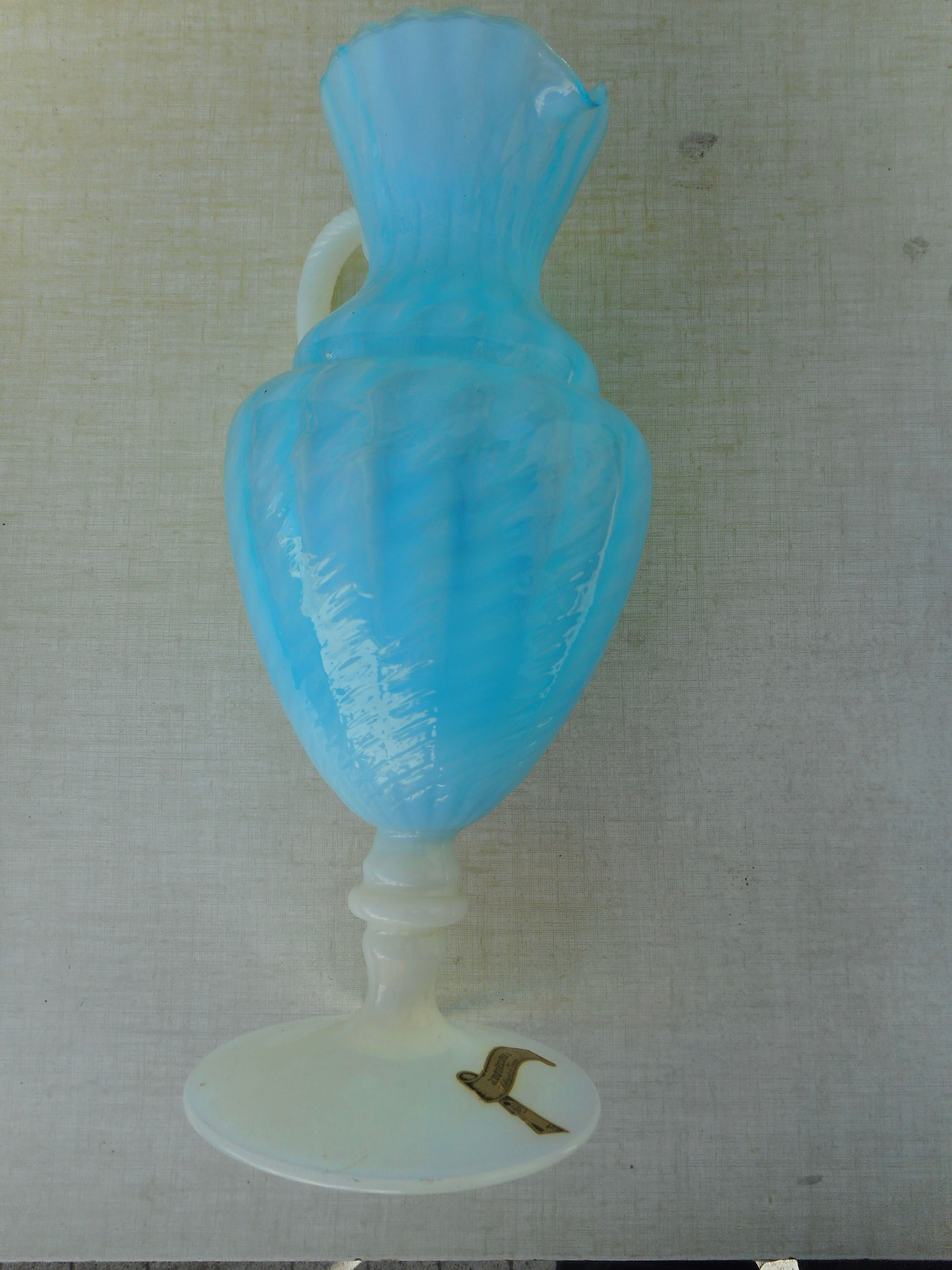 Blue and white opaline pitcher