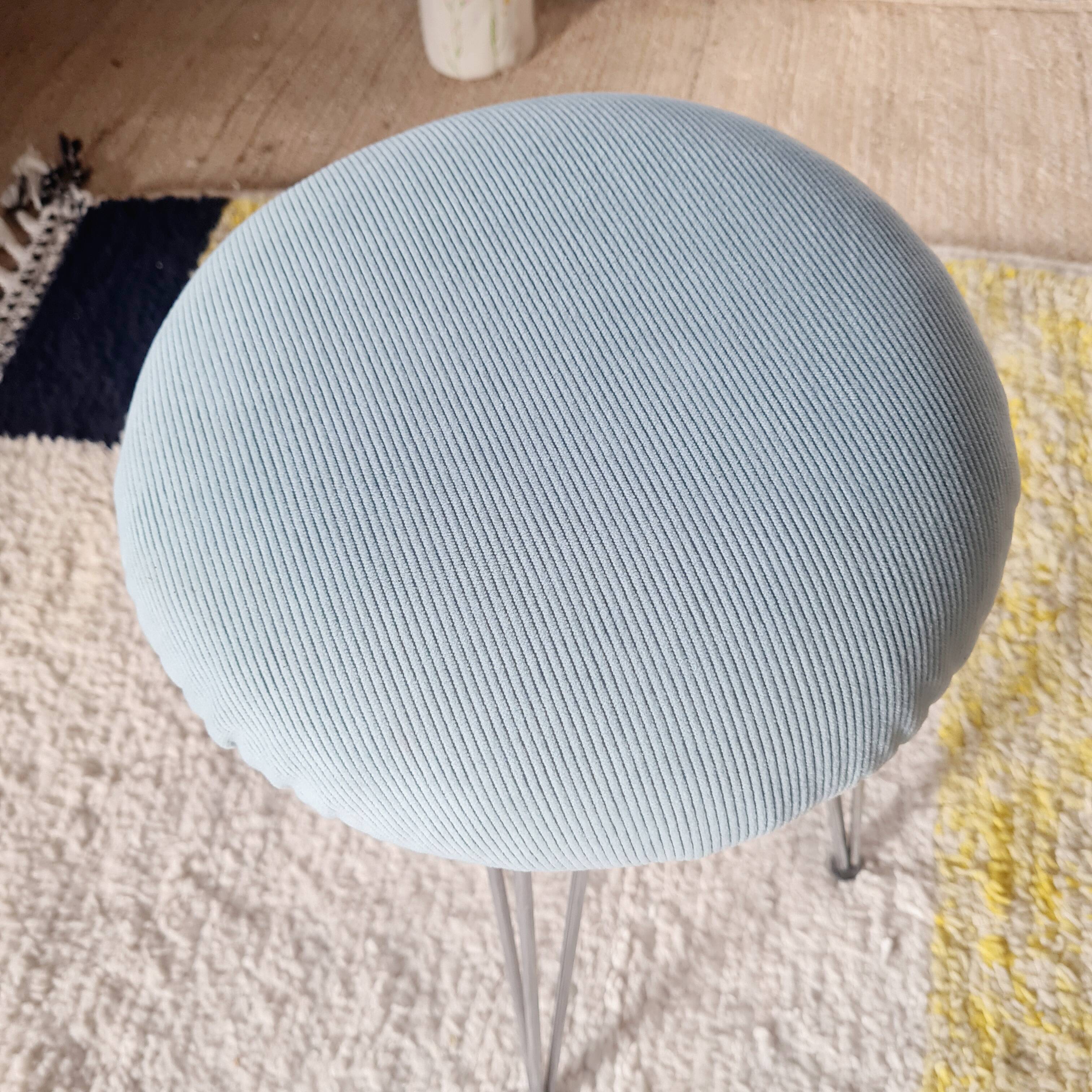 Vintage 1950s stool, metal tapered legs and velvet.