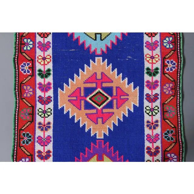 1970s Vintage Turkish Hand-Knotted Wool Cotton Blue Runner Rug 83x364