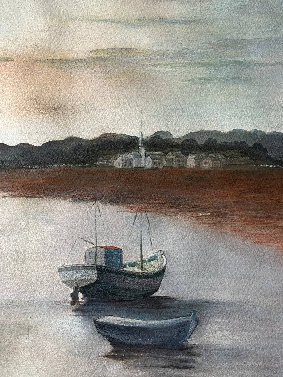 Large Watercolour Seascape (Saint Gilles?) Brittany Low Tide