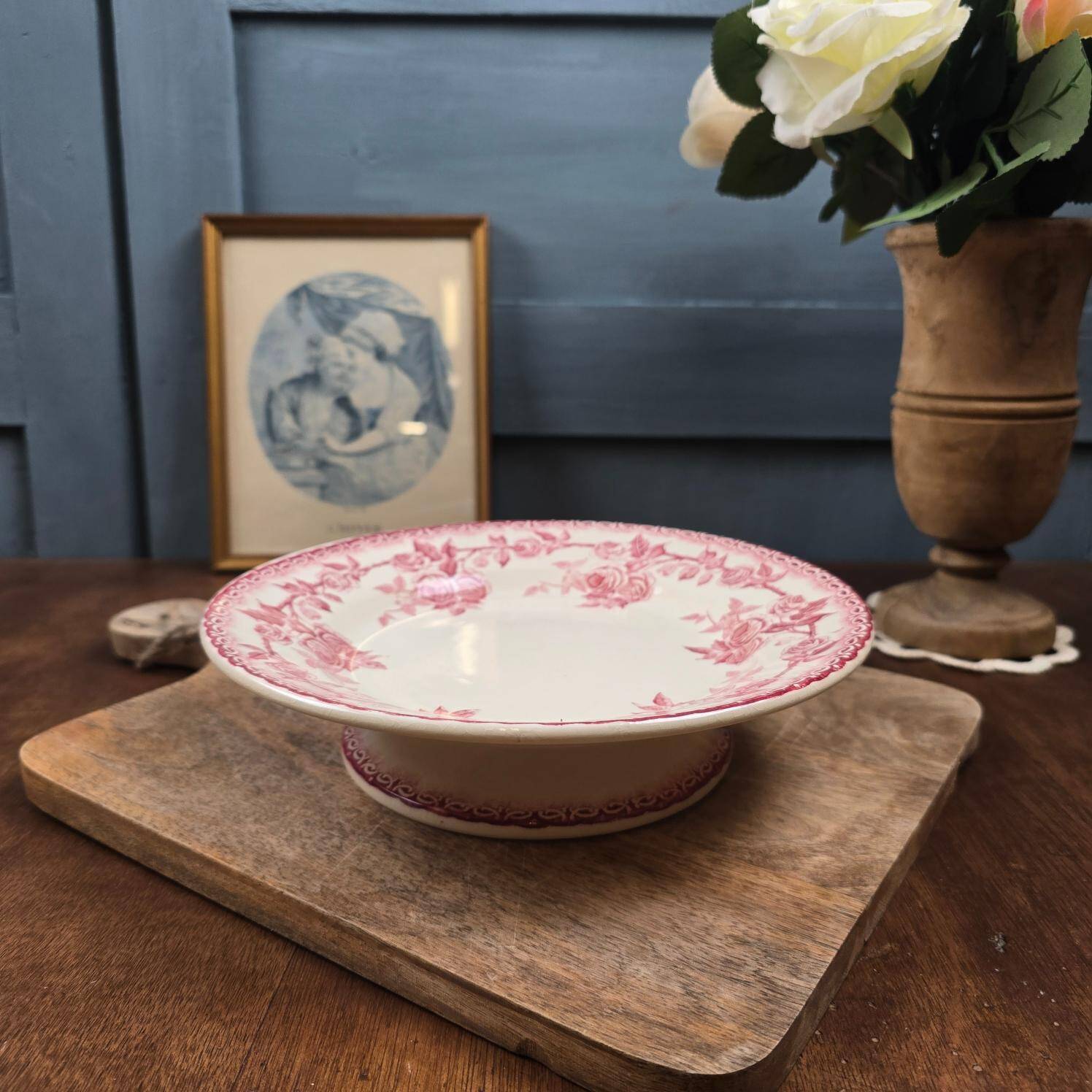 Antique footed compote HB & Cie with rose decoration – Ironstone