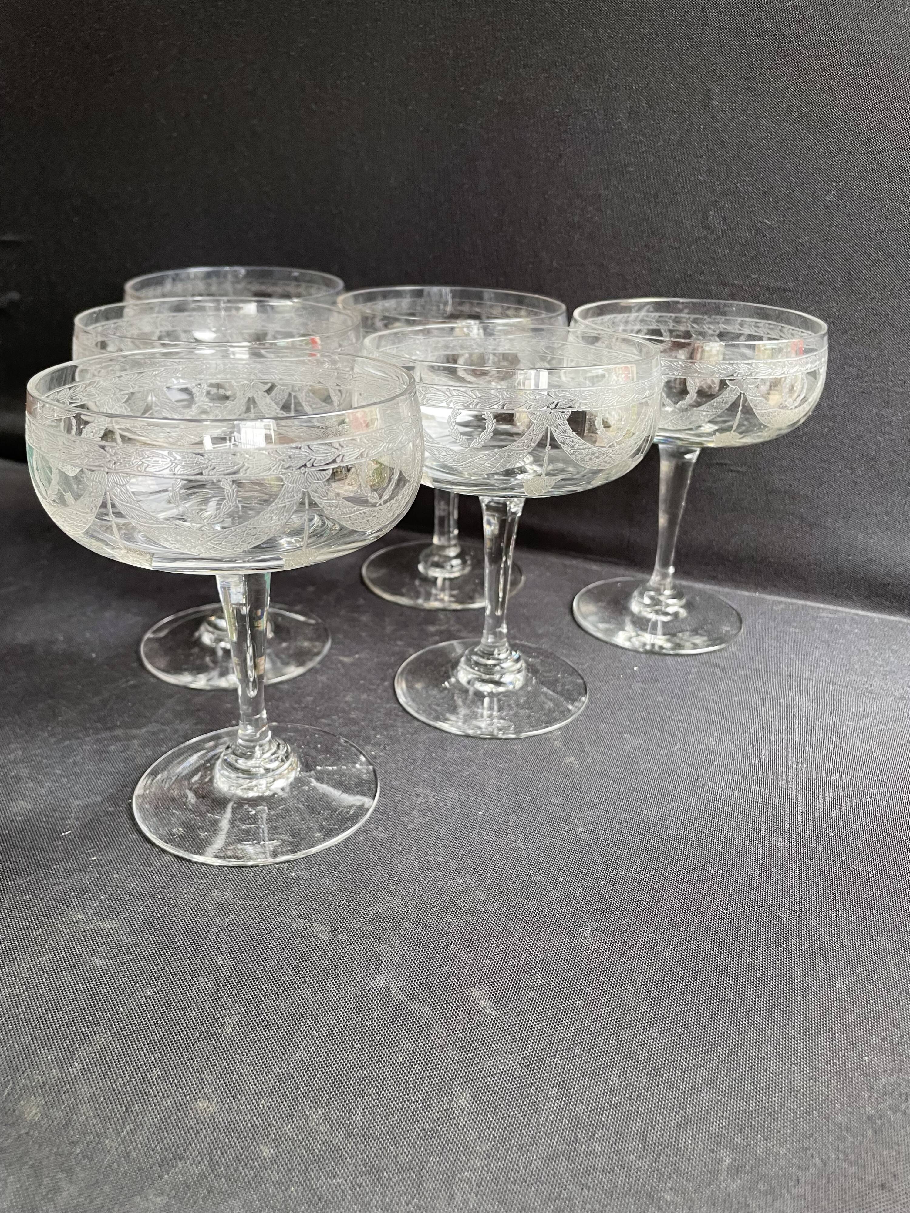 6 ½ crystal guilloché champagne glasses – Art nouveau