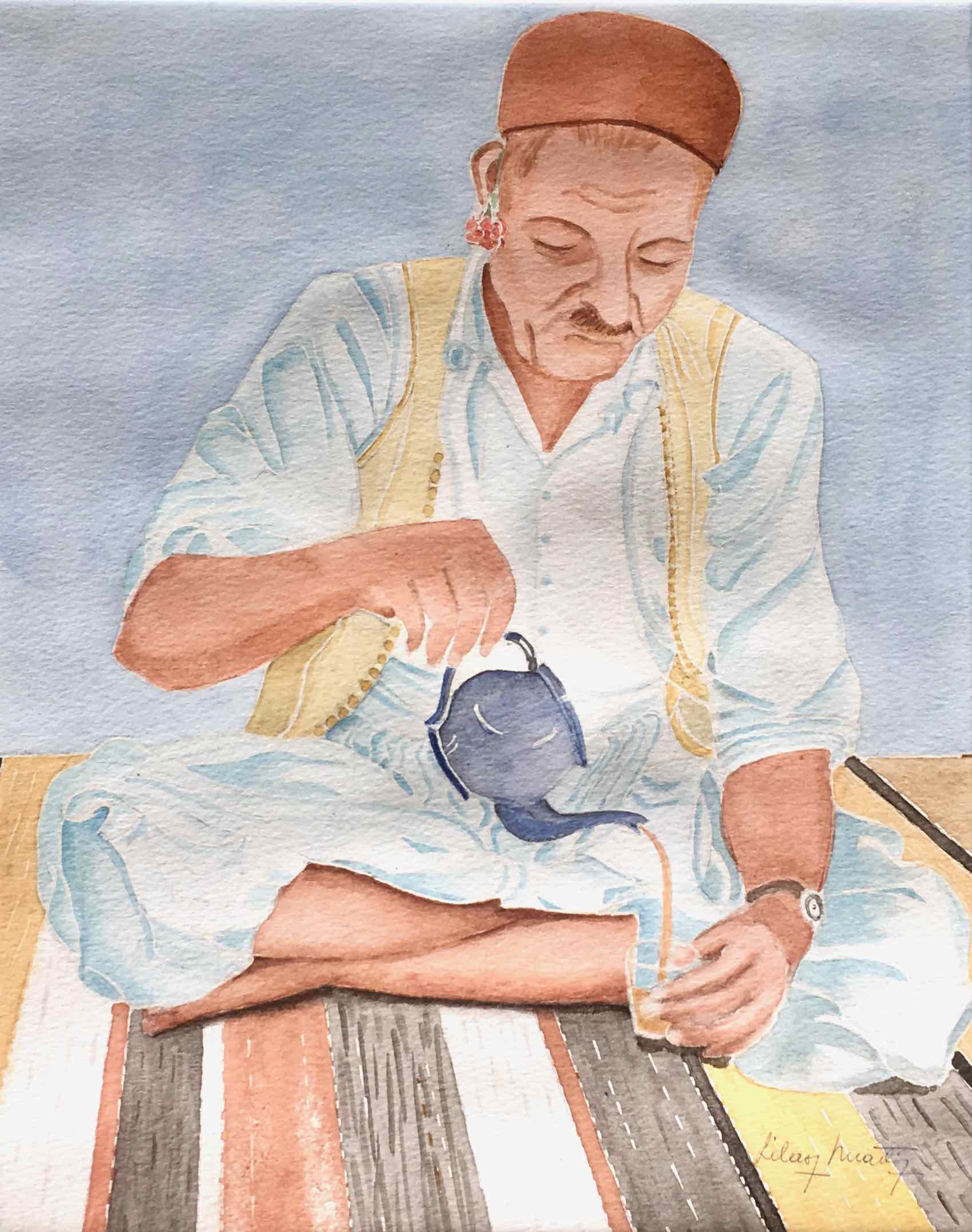Watercolor portrait Tea time 1970
