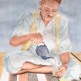 Watercolor portrait Tea time 1970