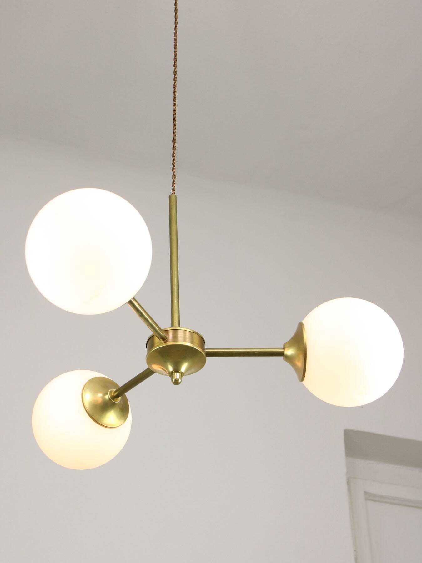 Italian Mid century Modern Chandelier in Brass and Opaline Glass, 1960s