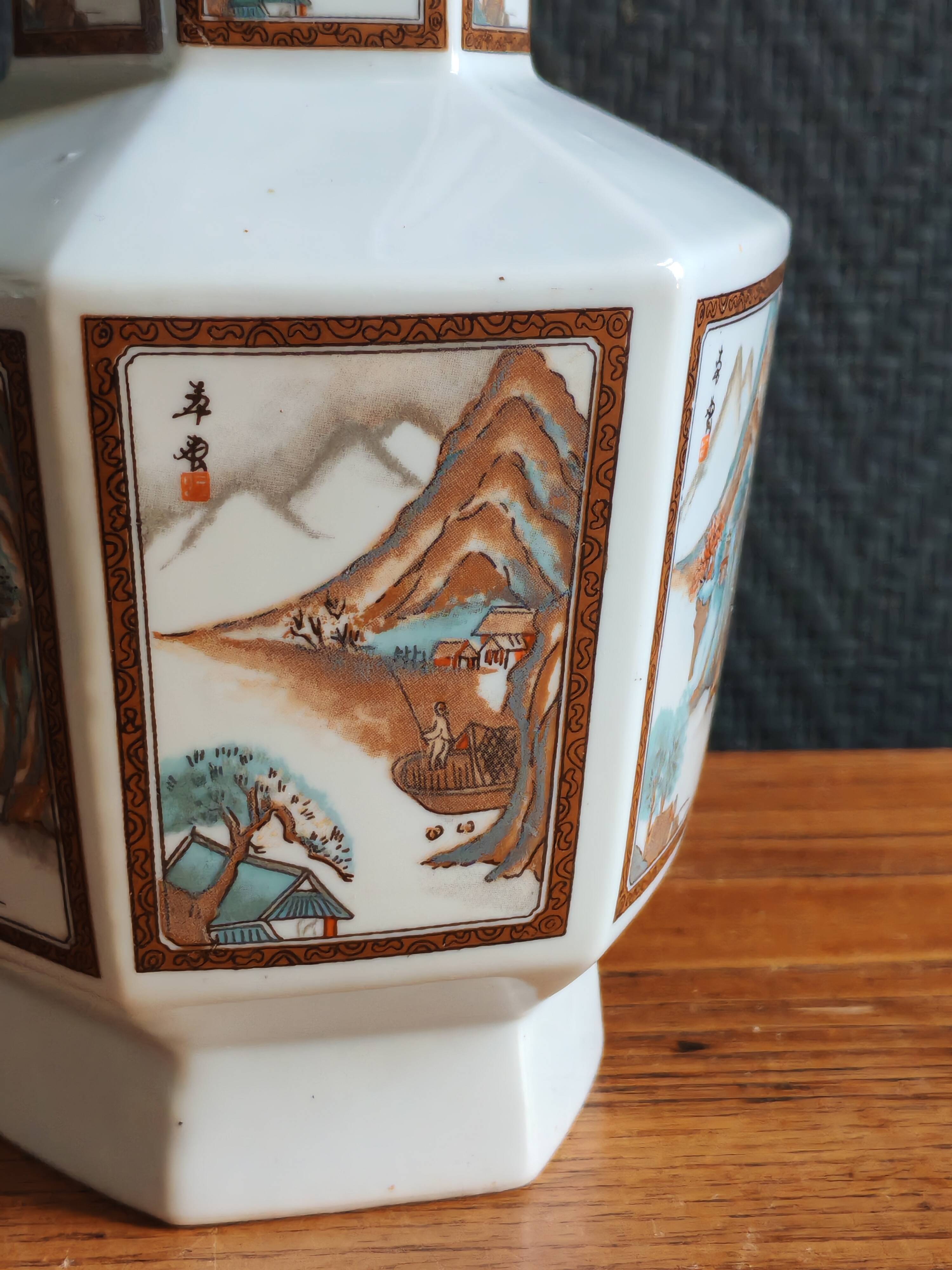 Vintage Hexagonal Japanese Porcelain Vase – Landscape Decoration