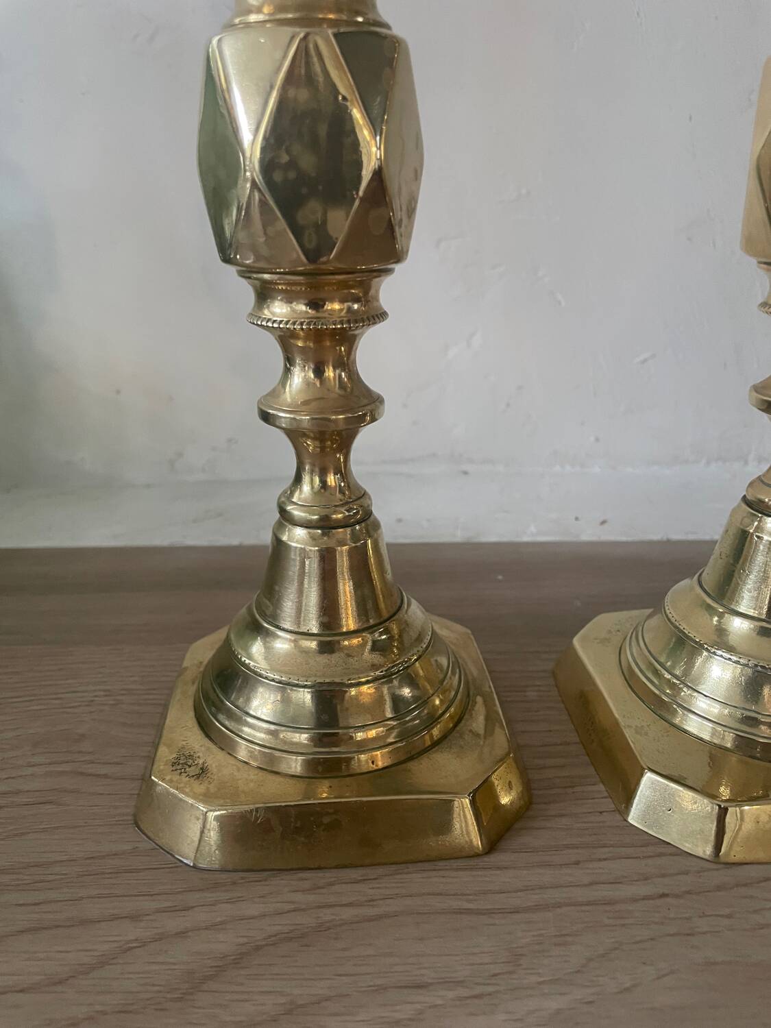Pair of antique english princess of diamonds brass candlesticks