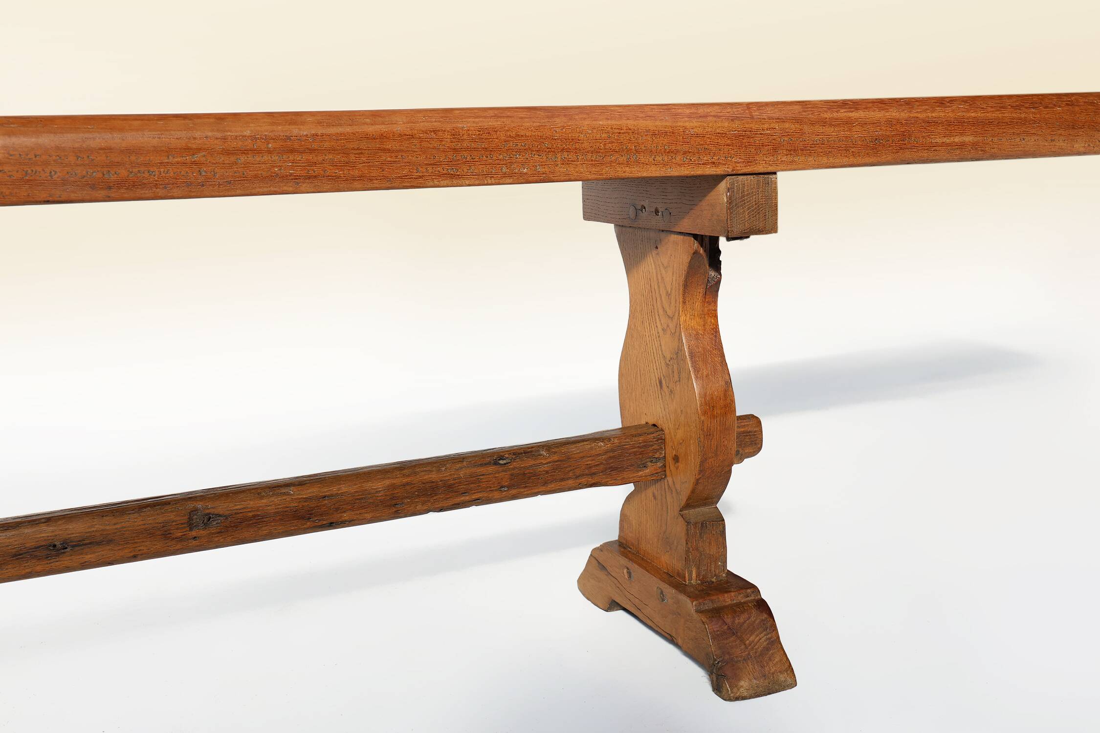 French Extra long solid elm wooden monastery bench, ca. 1850
