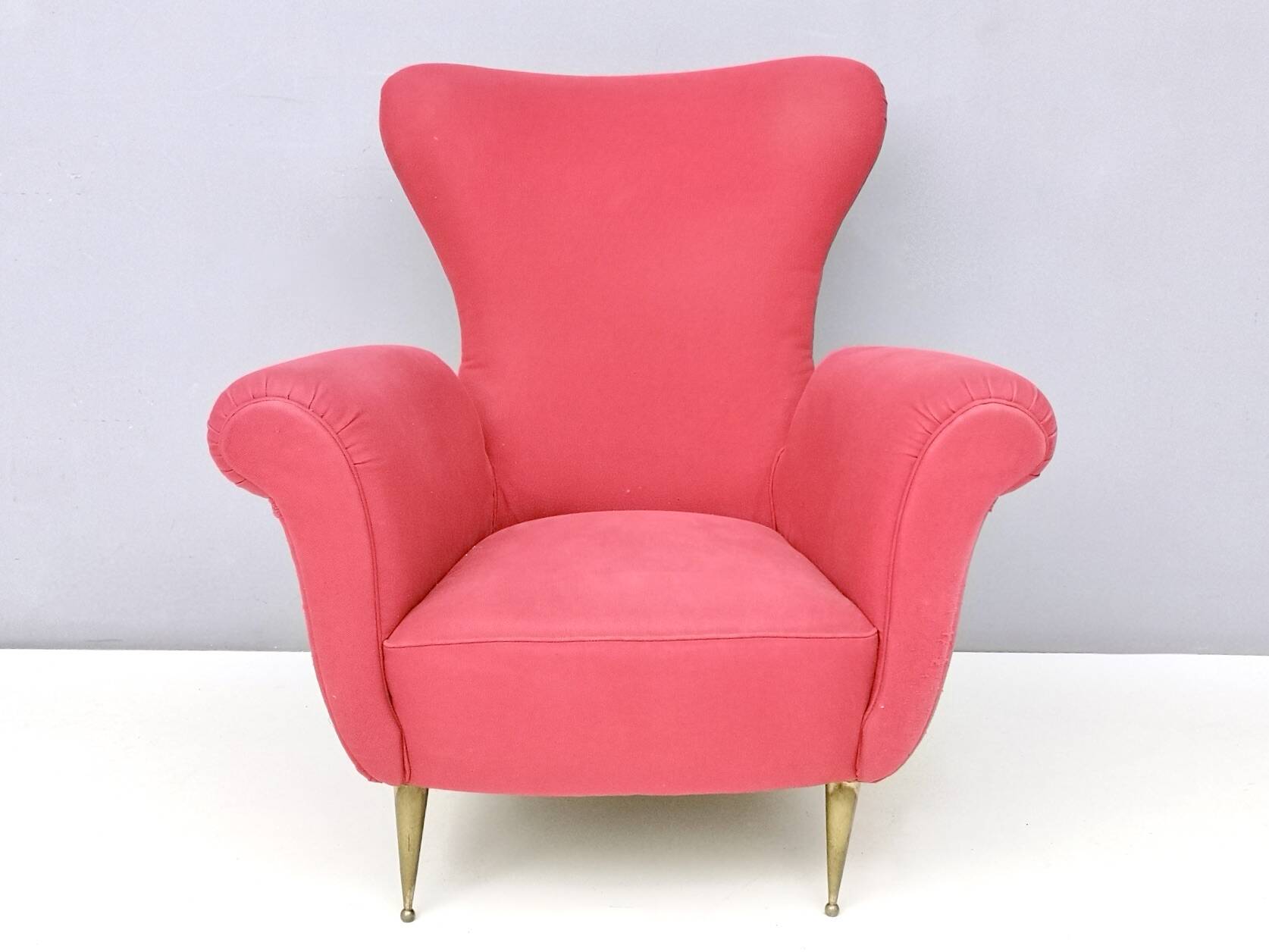 Wingback Red Cotton Armchair with Brass Feet, Italy