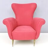 Wingback Red Cotton Armchair with Brass Feet, Italy