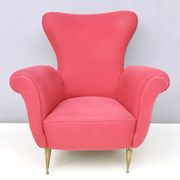 Wingback Red Cotton Armchair with Brass Feet, Italy