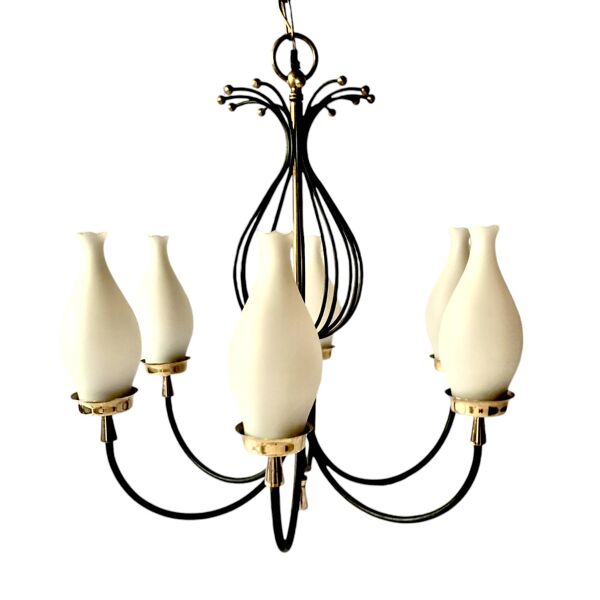 Lustre 6 feux vintage en métal noir et laiton