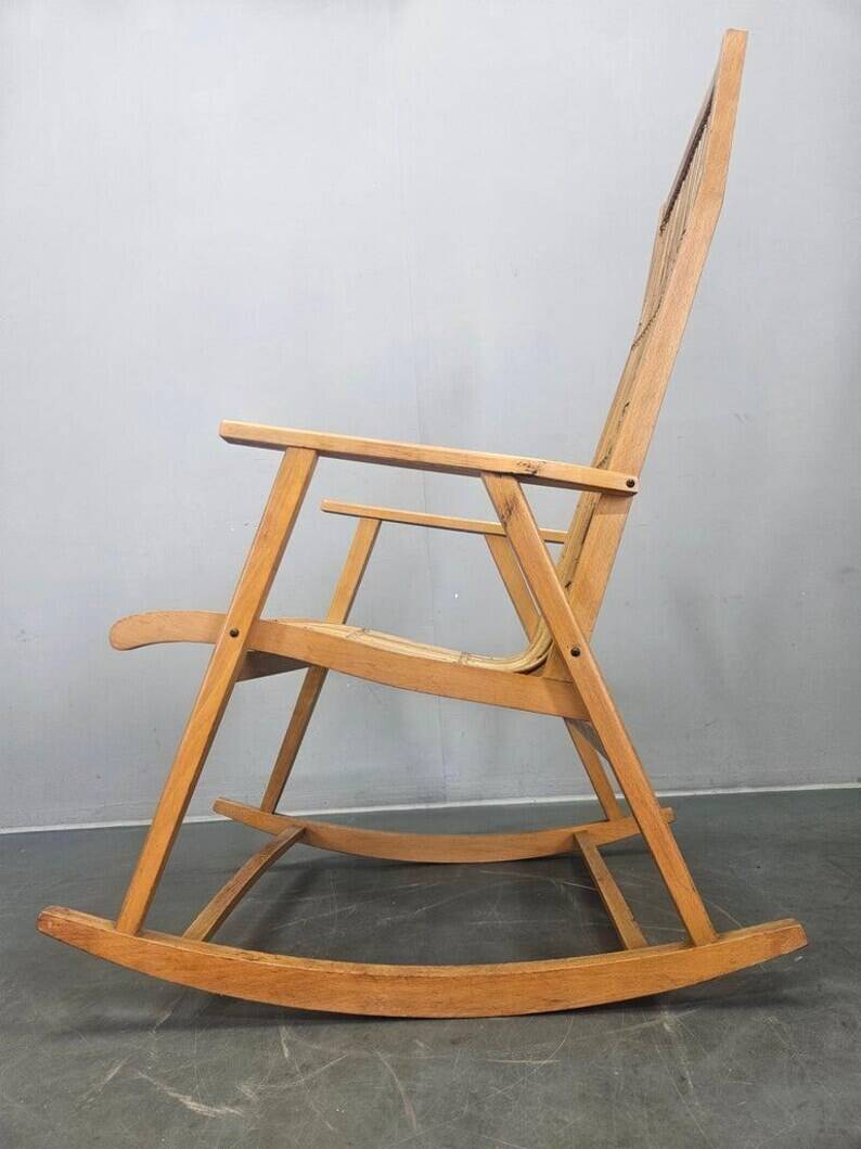 Rare Midcentury Wood and Rattan Rocking Chair, Denmark, 1960s