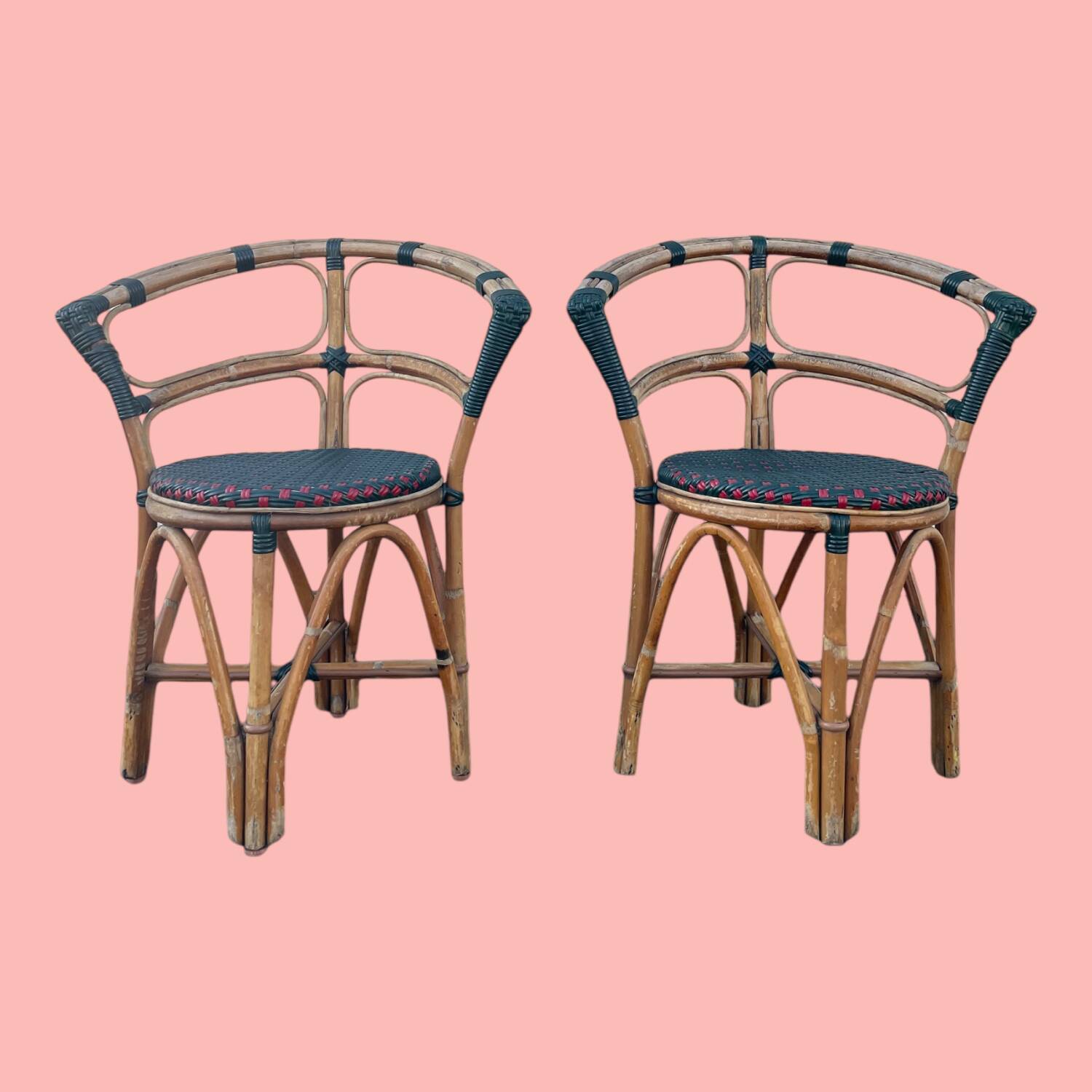 Pair of bistro chairs in bamboo and two-tone weaving