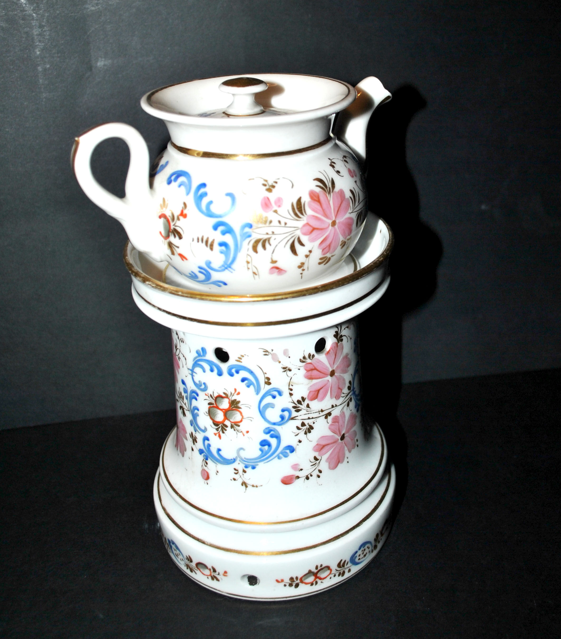 Tisanière ancienne en porcelaine de Paris veilleuse Théière à infusion fleurie peint main 19e s.