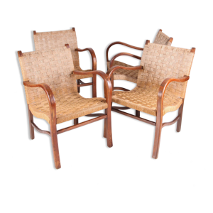 suite de 4 fauteuils vintage en bois et corde par Erich Dieckmann