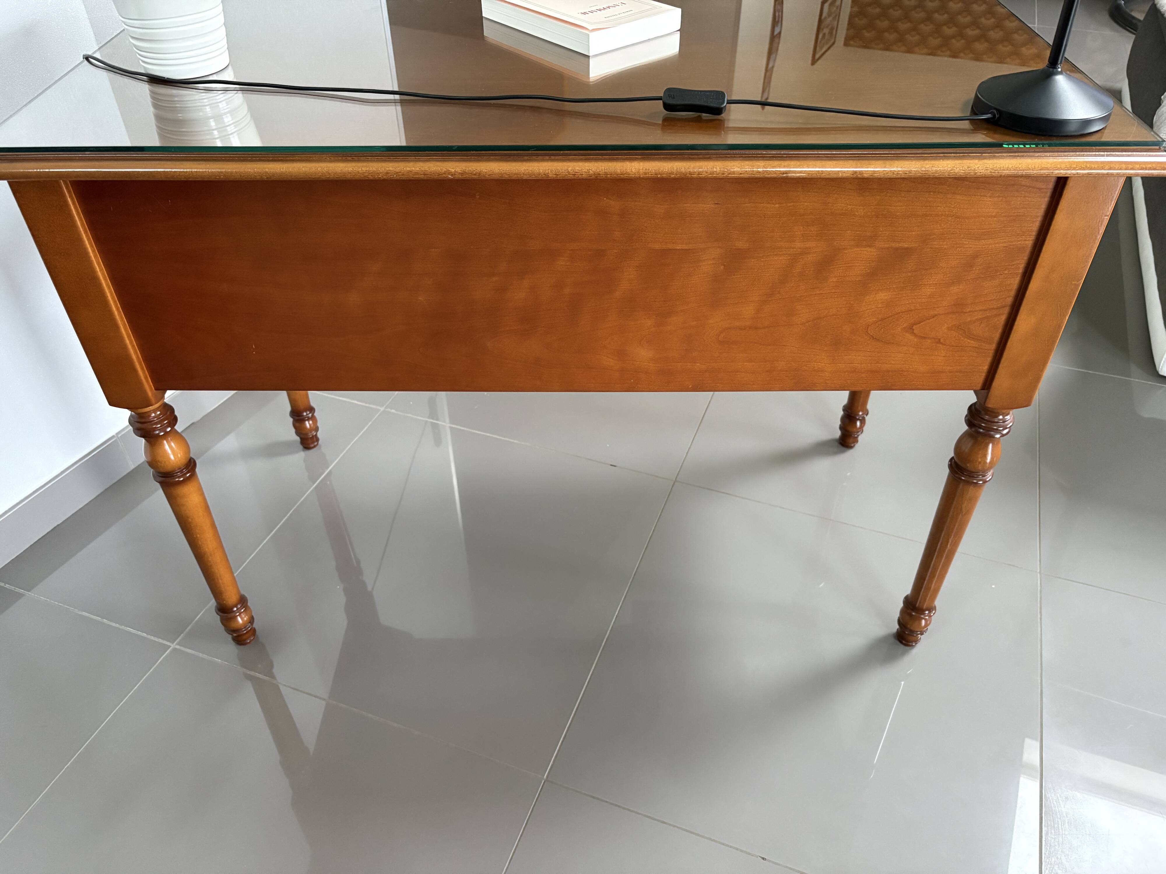 Vintage desk in solid beech stained cherry with glass top