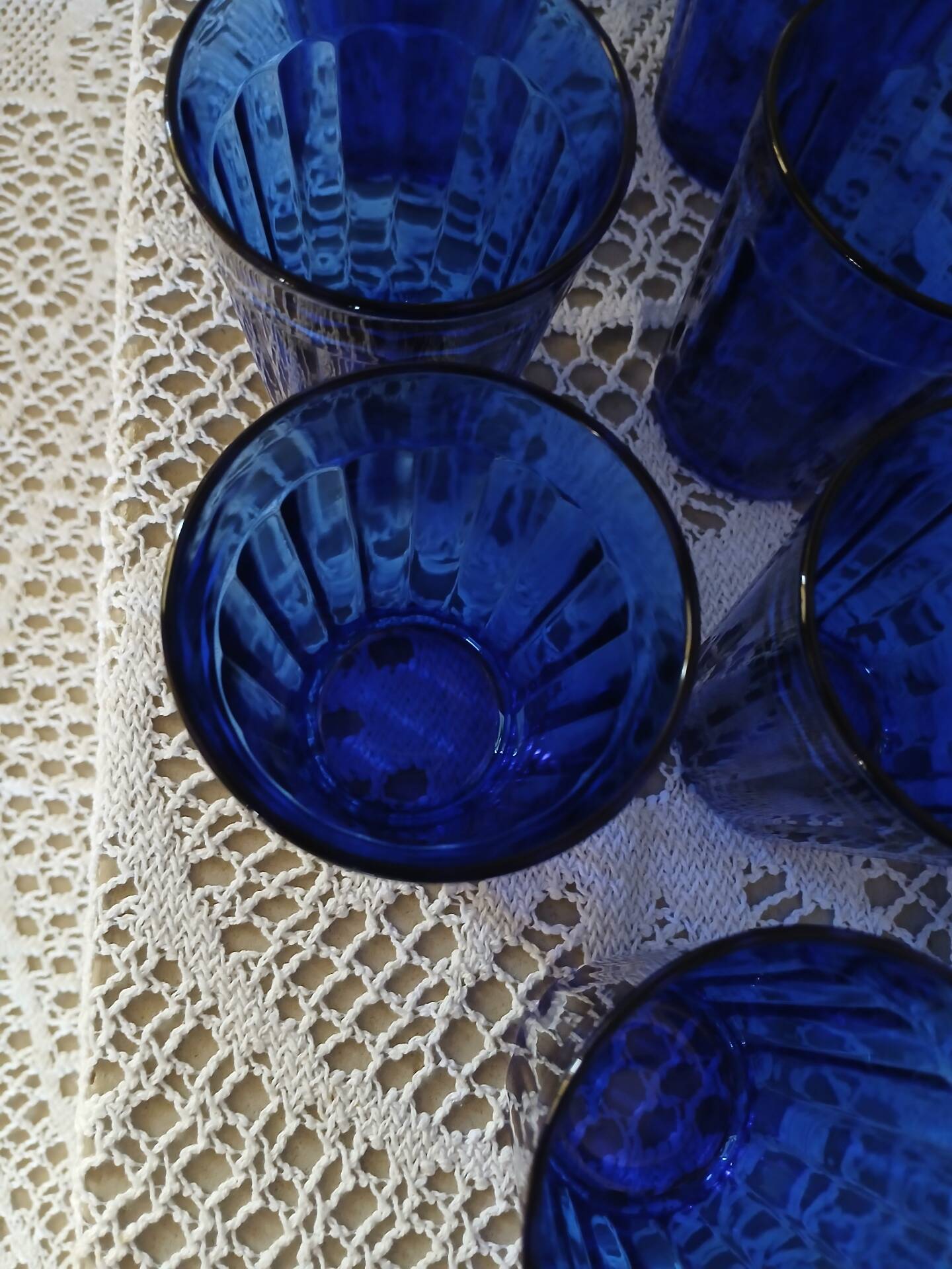 9 antique cobalt blue water glasses
