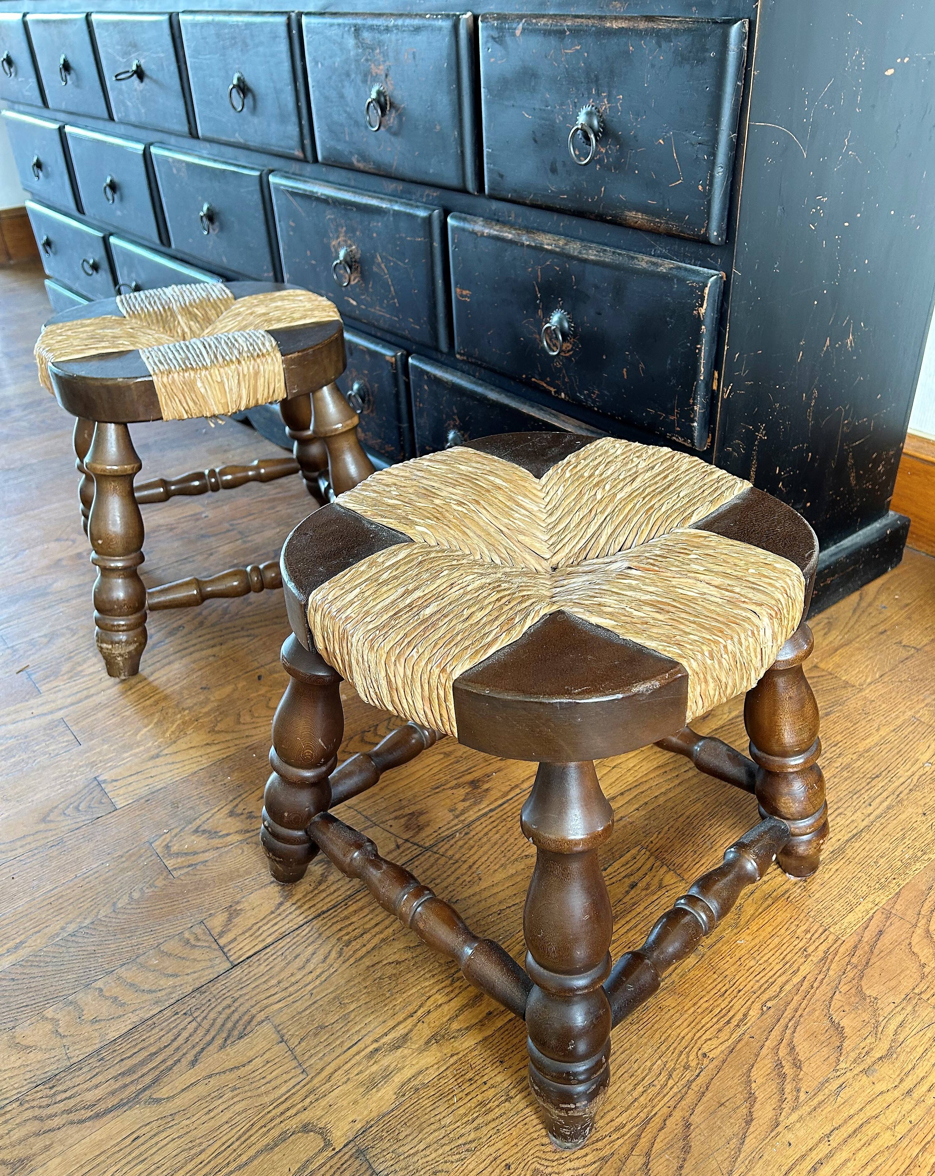 Pair of low stools - vintage wood and straw