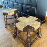 Pair of low stools - vintage wood and straw
