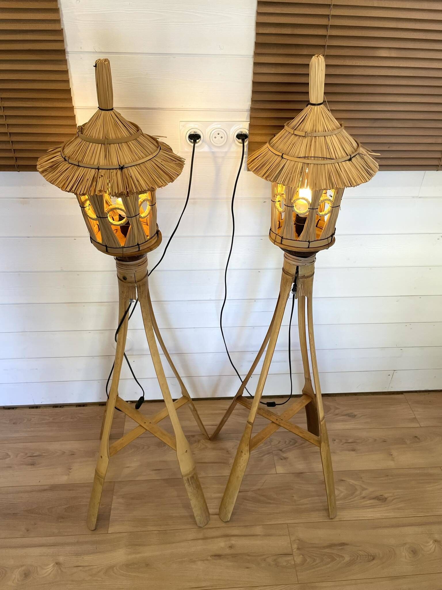Pair of Tiki Style Lantern Floor Lamps in Bamboo & Rattan – Vintage