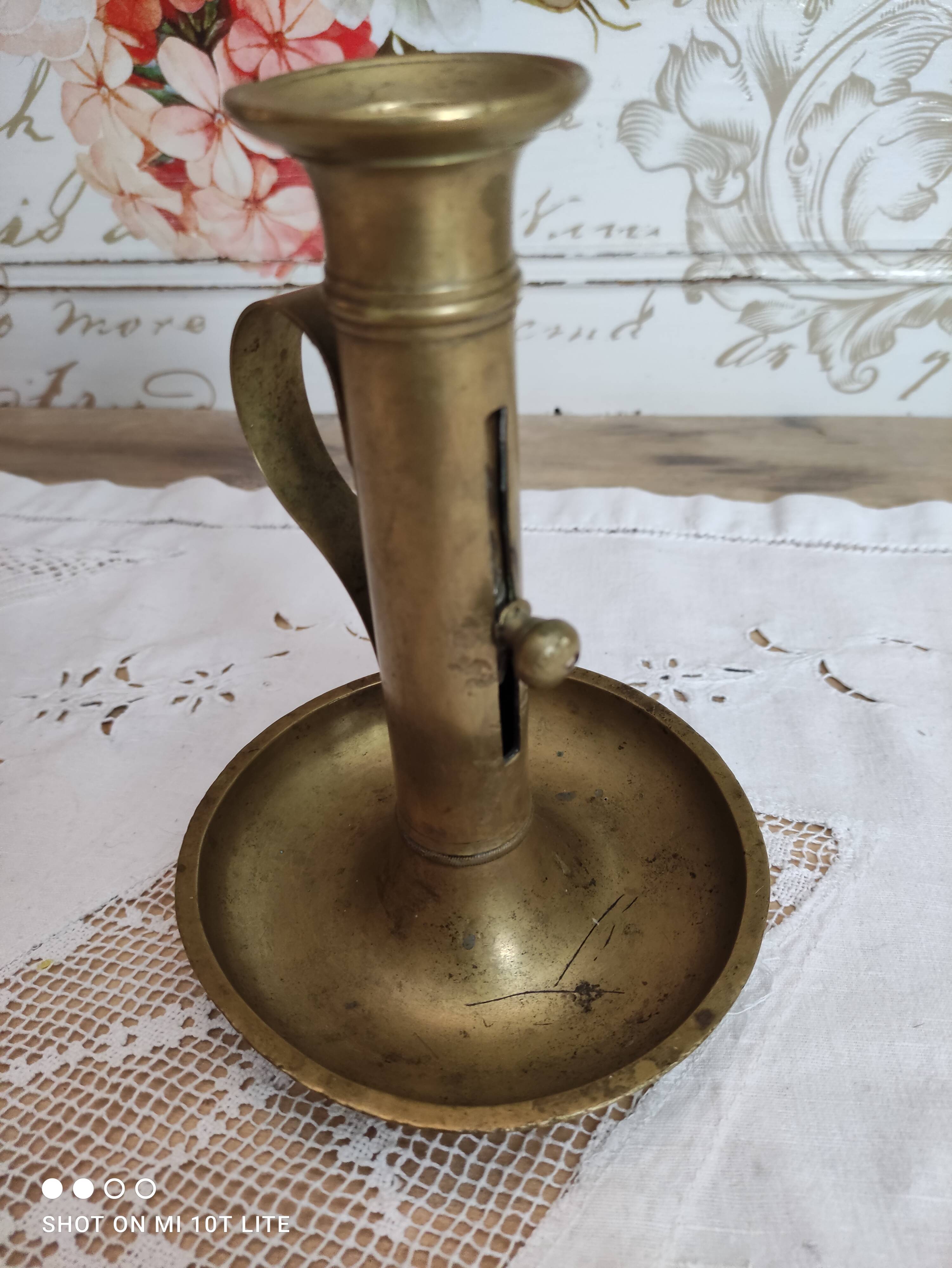 Brass push candle holder high handle