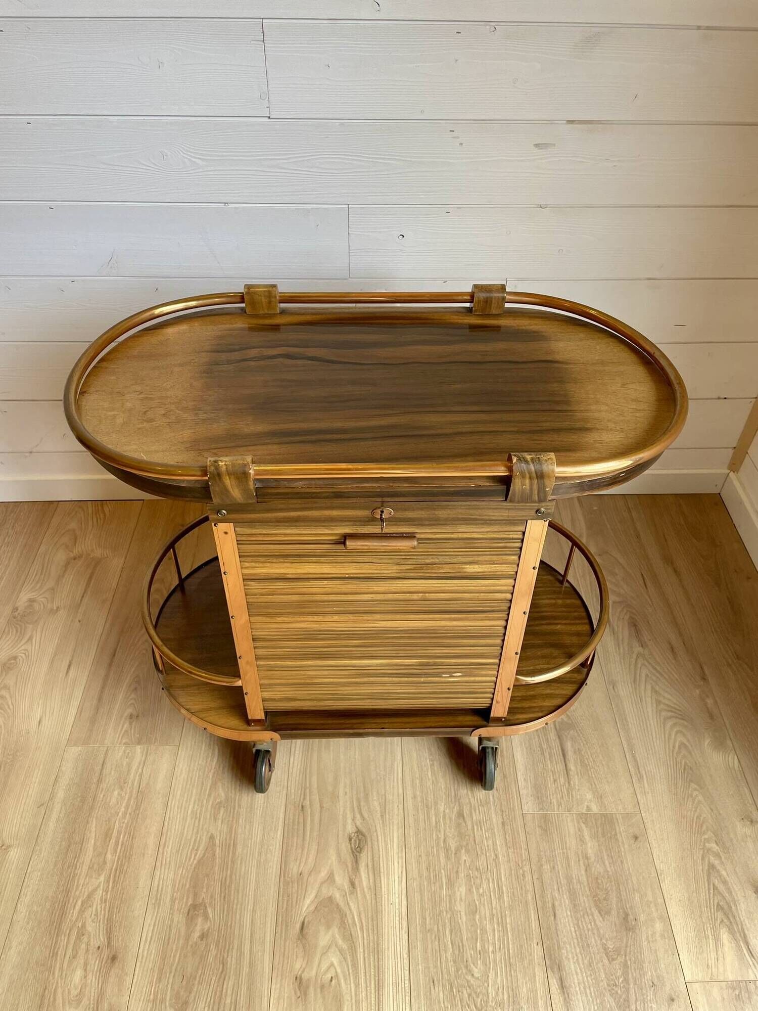 Bar cart / Vintage Art Deco service trolley – Wood and copper
