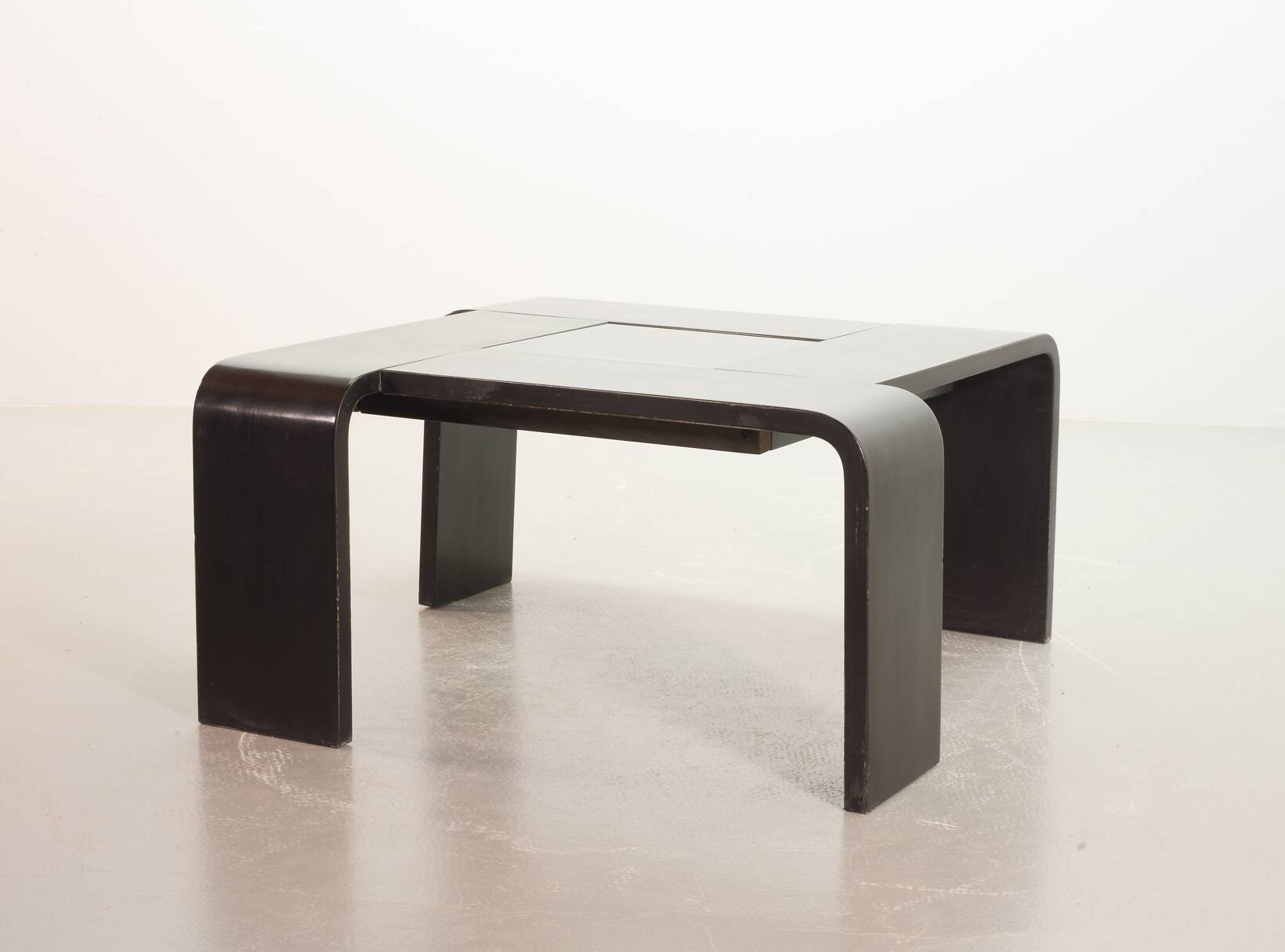 Square Black Lacquered Plywood Coffee Table with Smoked Glass Panel, 1970s
