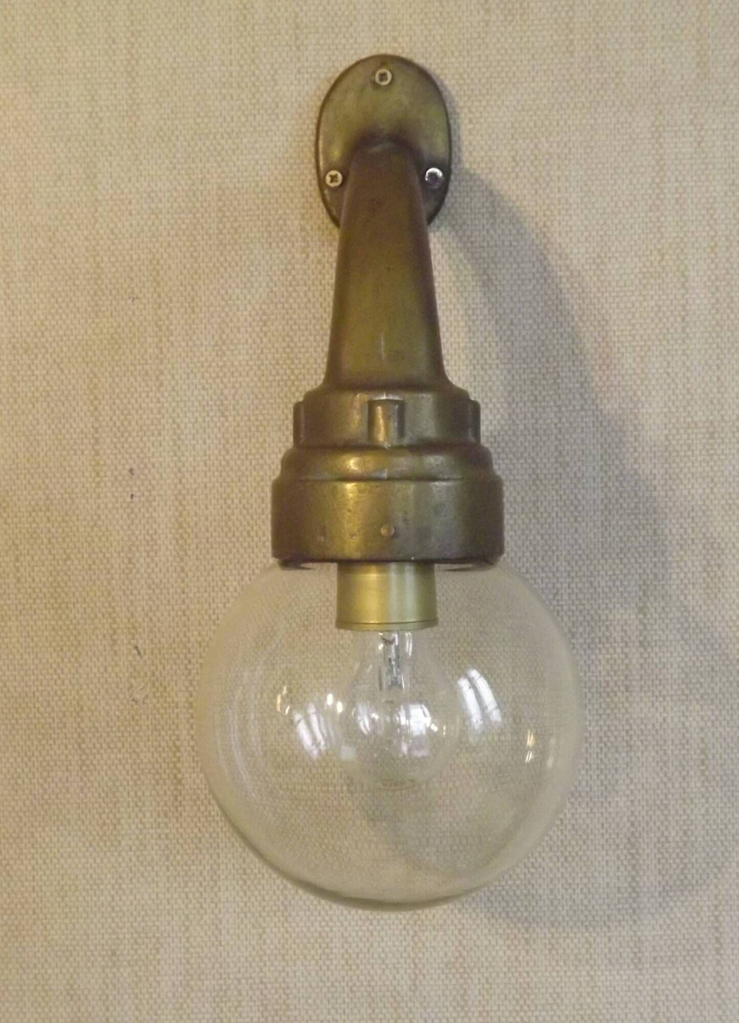 Old French Heavy Cast Bronze Marine Nautical Wall Light Glass Ball Shade 5101