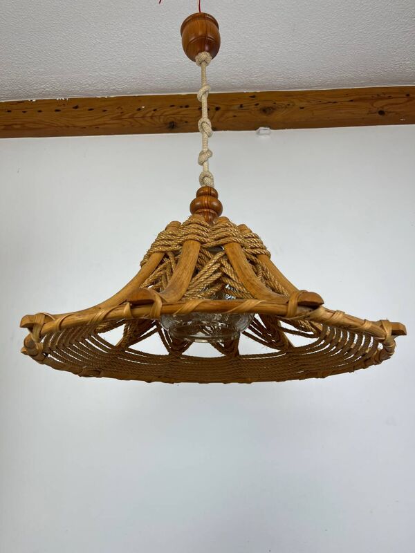 Suspension corde et rotin années 70