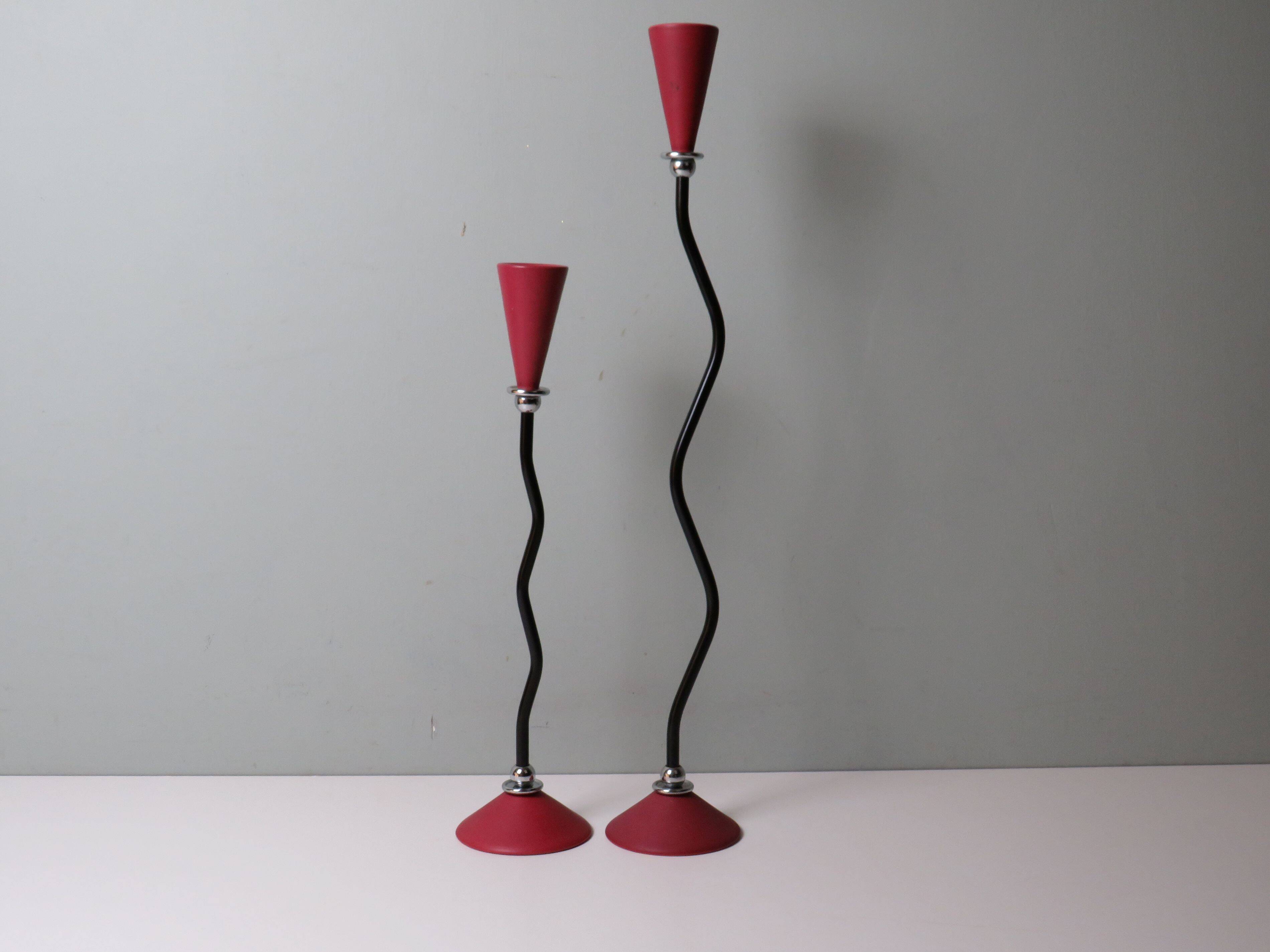 Pair of candlesticks, ceramic, metal and chrome, 1980s