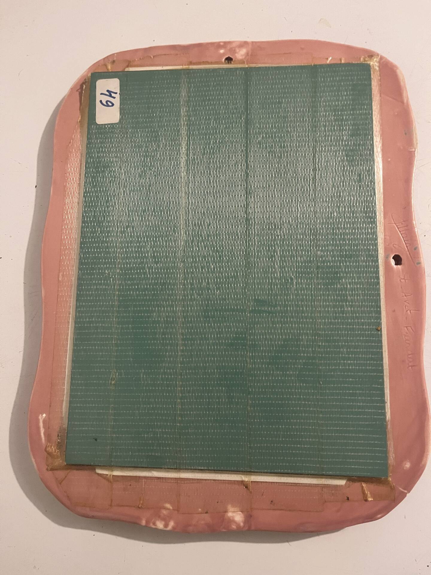 Vintage floral pink ceramic framed mirror signed St-Avit Francalat.