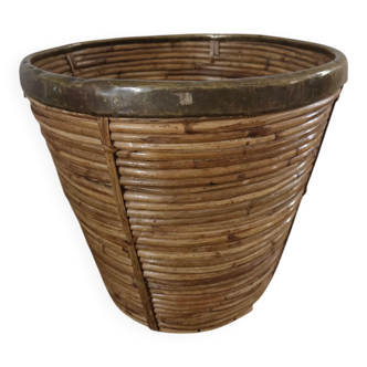Rattan and brass cache pot, Italy.