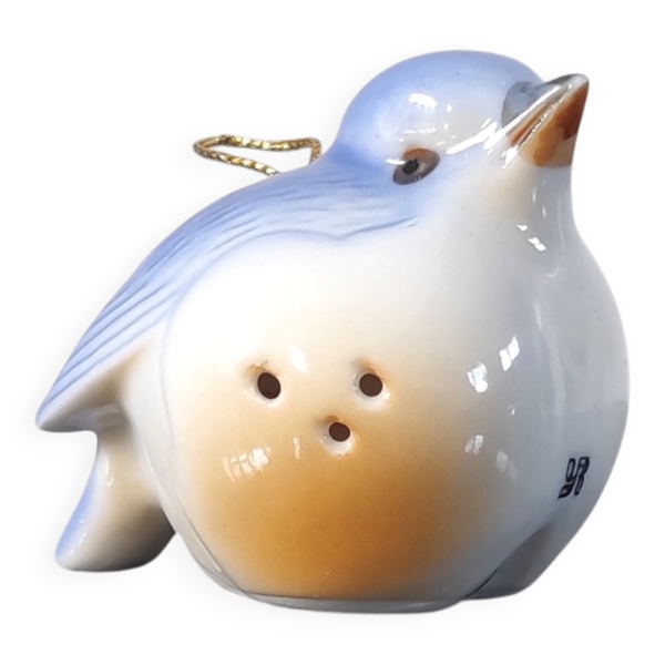 Salière vintage oiseau en porcelaine bleue et blanche