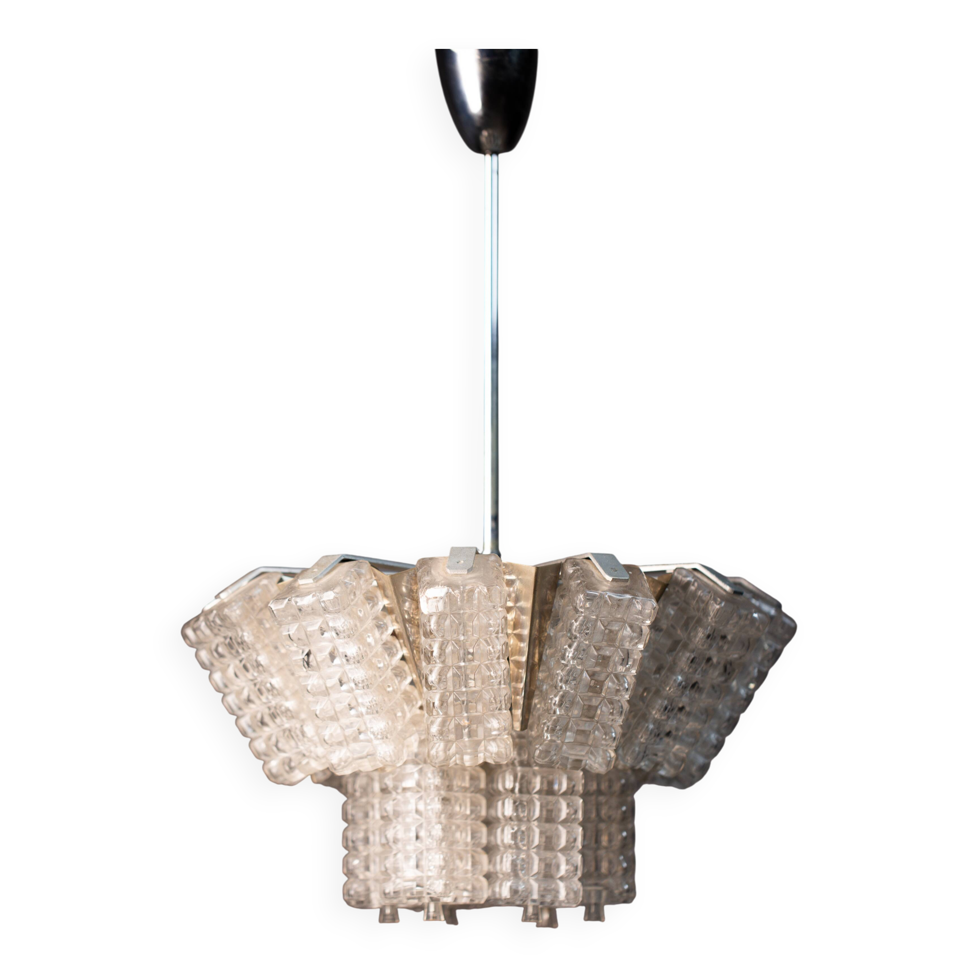 Vintage Austrolux Glass Chandelier: 1960s Mid-Century Modern Pendant Light