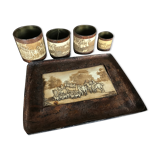 Old OFFICE kit Brass and LEATHER, 1 Tray with 4 Pots decoration HUNTING to RUN