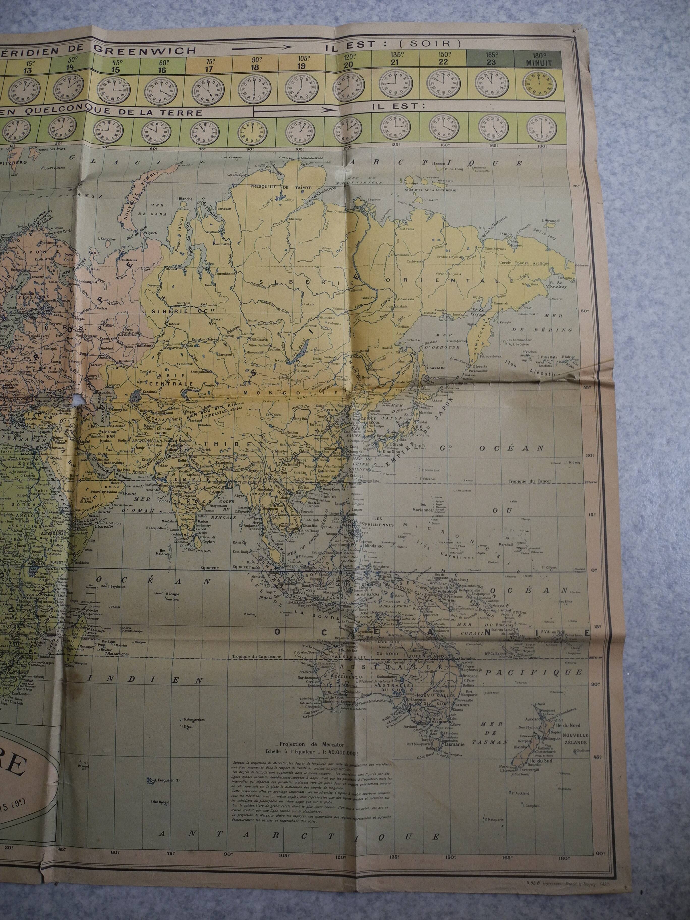 Planisphere map time zones blondel paris old french map time zone 30s