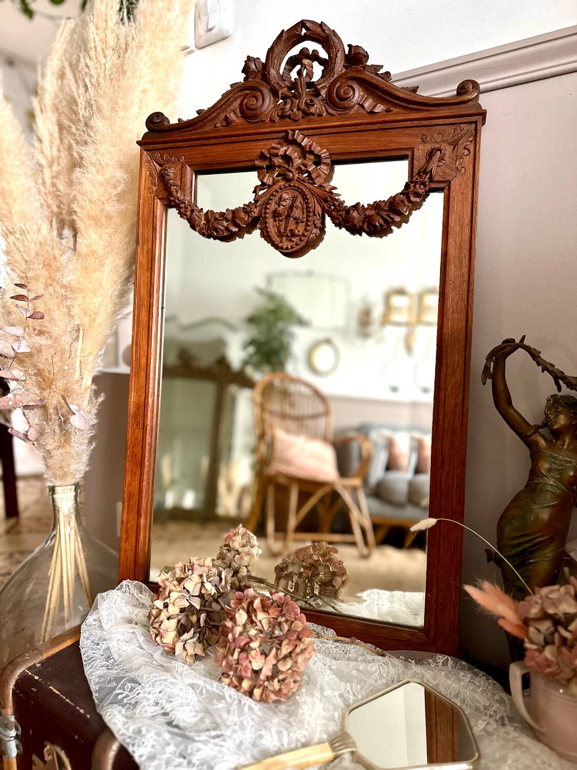 Antique carved wooden mirror 82x48