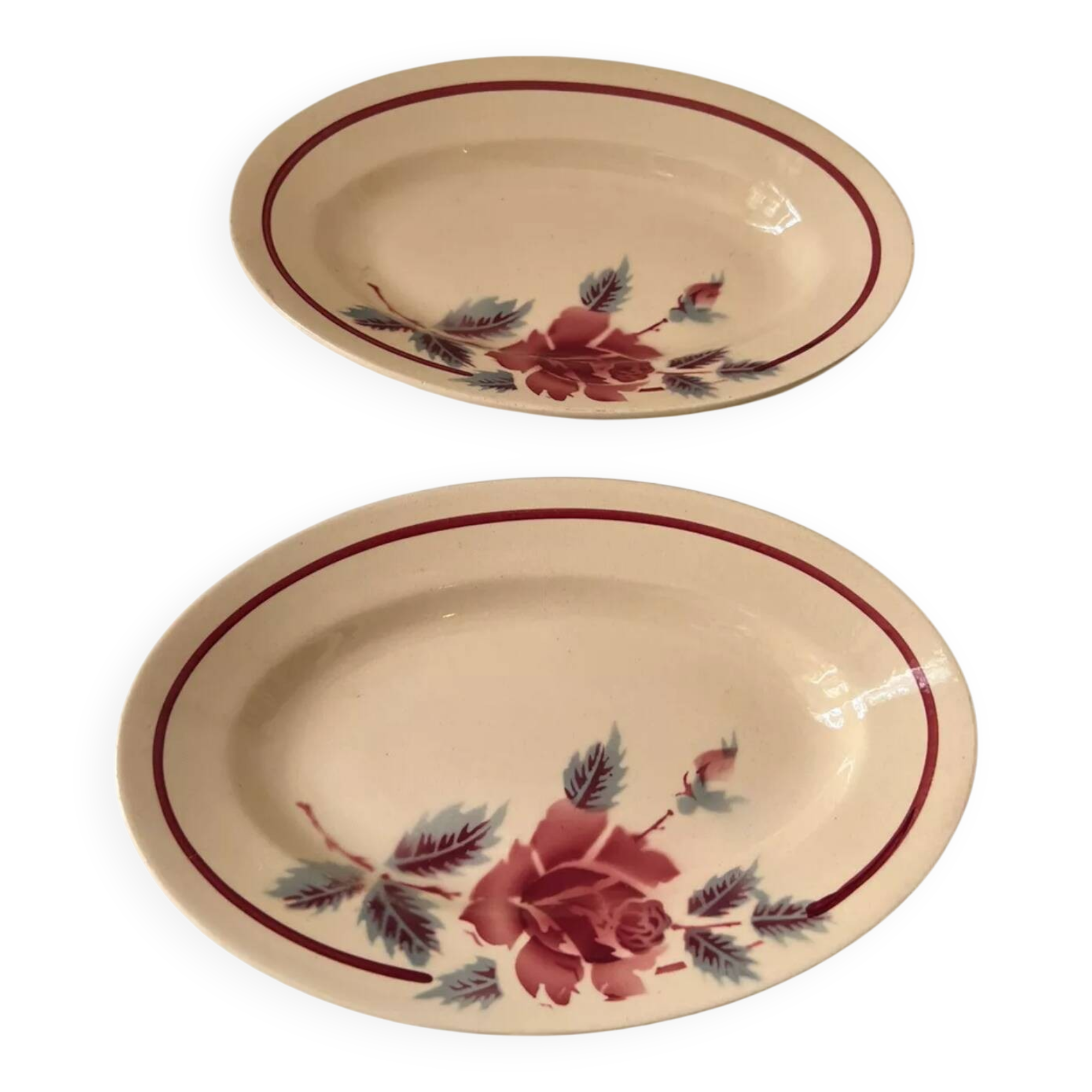 Set of 2 Moulin des Loups rose-decorated relish dishes