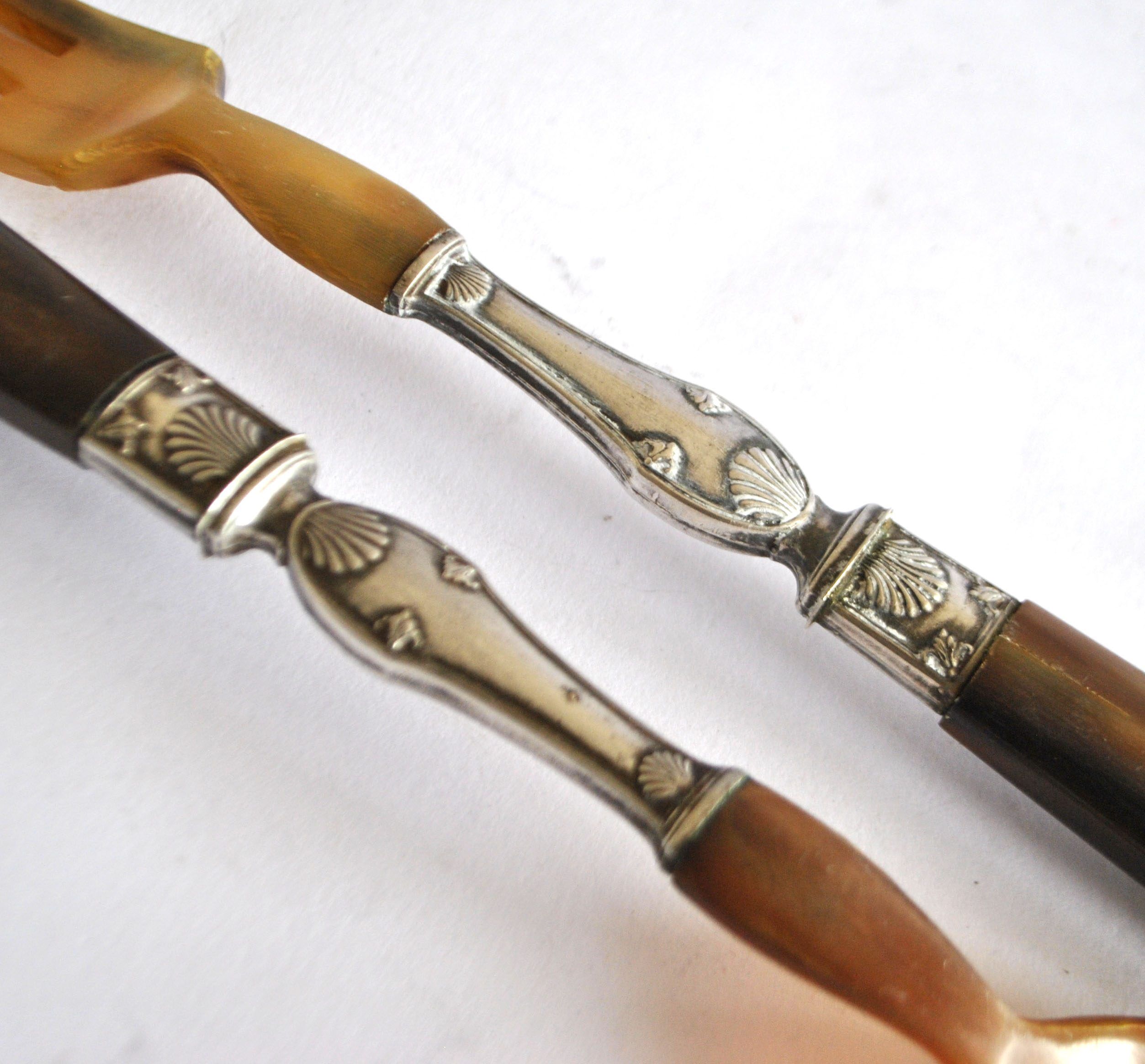 Antique horn salad cutlery – shell decoration 1900