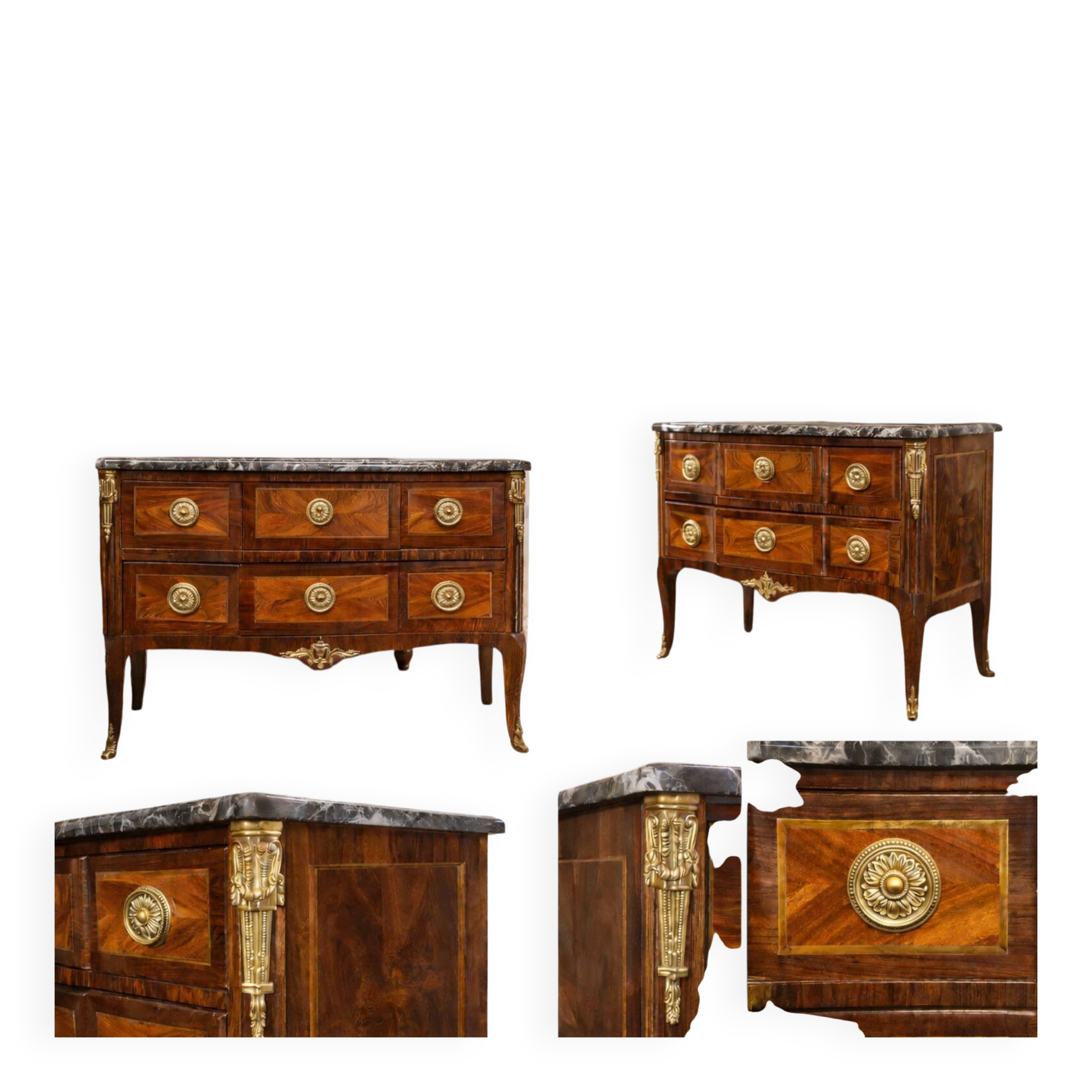 Small Louis XV transitional chest of drawers – precious wood veneer and marble.