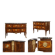 Small Louis XV transitional chest of drawers – precious wood veneer and marble.