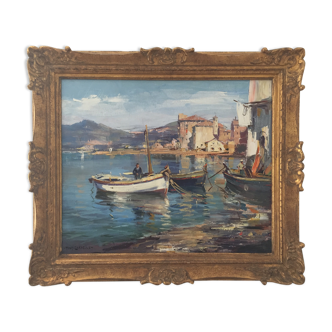 Painting of the port of Propriano in Corsica by the painter Tony Cardella (1898-1976)