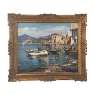 Tableau représentant le port de Propriano en Corse par le peintre Tony Cardella (1898-1976)