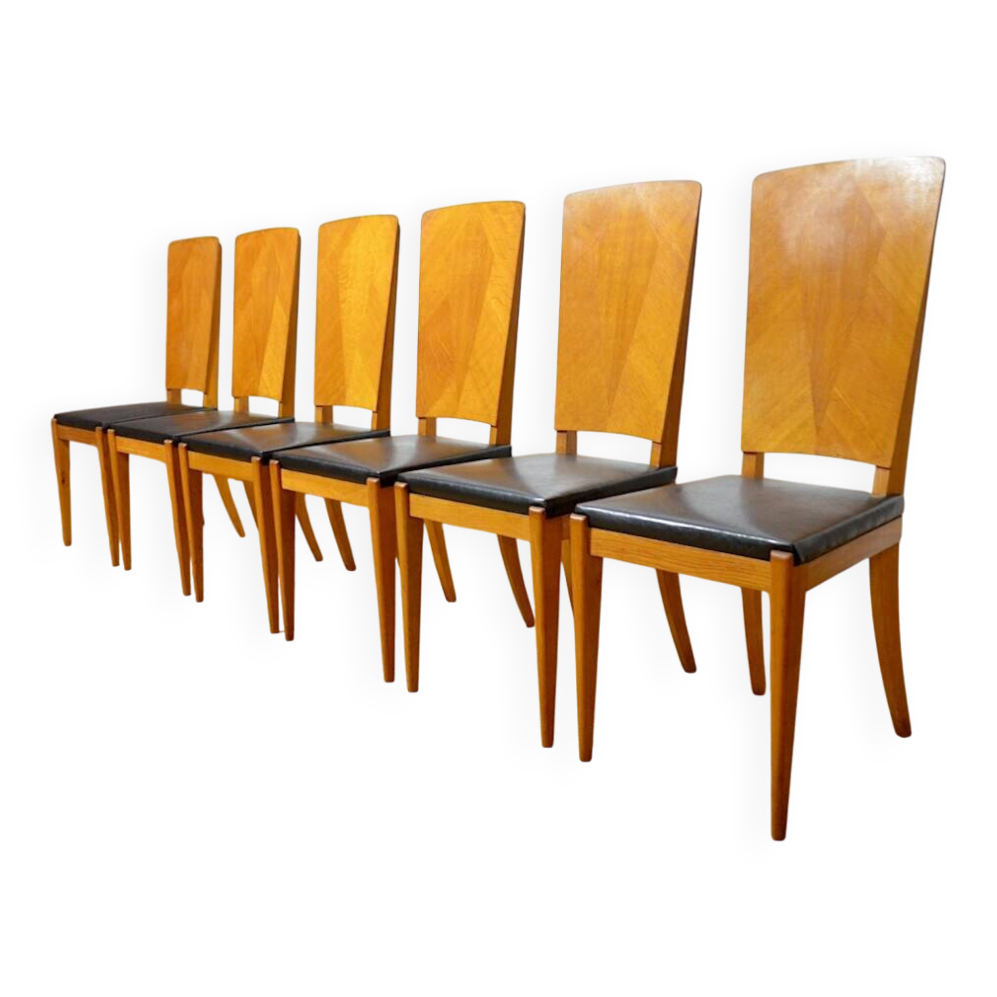 6 Vintage Light Oak Chairs, France 1960