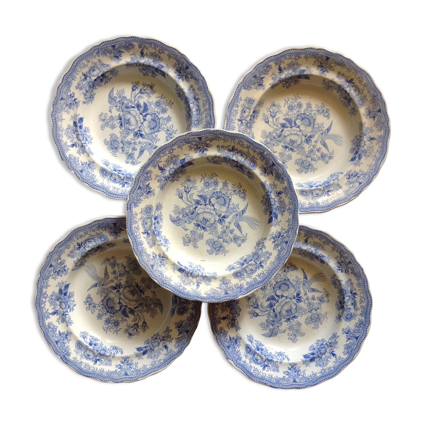 5 plates in faience old blue pattern flower bird